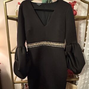 bebe Black V-Neck Dress with Jeweled Waist and Statement Puff Sleeves